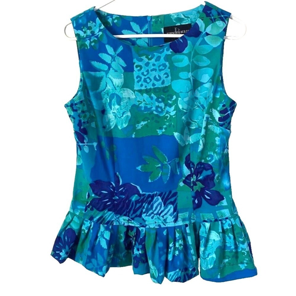 John Roberts Blue & Green Floral Peplum Blouse Top Ruffle Detail Back Size US 10